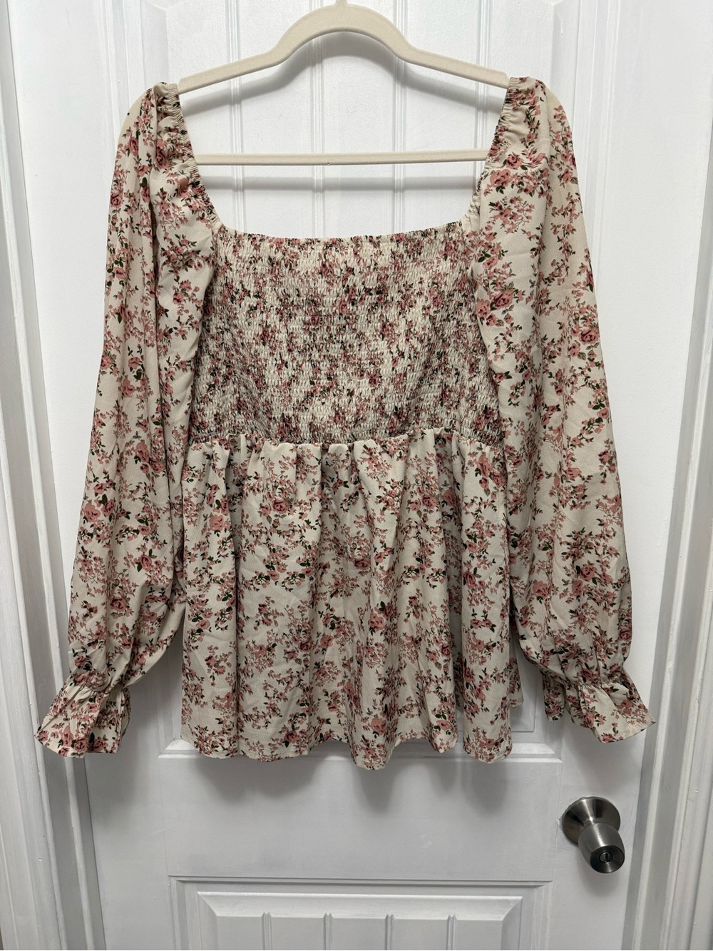 SHEIN Smocked Womens Medium Cream Pink Floral Puff Sleeve Square Neck (46-15)